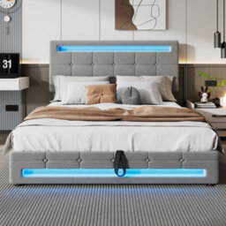 Btm Upholstered Hydraulic Bed 4Ft6 Double 135X190Cm Grey Velvet Iron Led Lighting Storage Bed Adults Teenagers - thumbnail 3