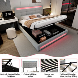 Btm Upholstered Hydraulic Bed 4Ft6 Double 135X190Cm Grey Velvet Iron Led Lighting Storage Bed Adults Teenagers - thumbnail 6