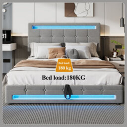 Btm Upholstered Hydraulic Bed 4Ft6 Double 135X190Cm Grey Velvet Iron Led Lighting Storage Bed Adults Teenagers - thumbnail 7
