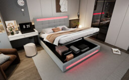 Btm Upholstered Hydraulic Bed 4Ft6 Double 135X190Cm Grey Velvet Iron Led Lighting Storage Bed Adults Teenagers - thumbnail 9