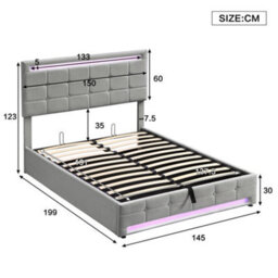 Btm Upholstered Hydraulic Bed 4Ft6 Double 135X190Cm Grey Velvet Iron Led Lighting Storage Bed Adults Teenagers - thumbnail 4