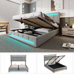 Btm Upholstered Hydraulic Bed 4Ft6 Double 135X190Cm Grey Velvet Iron Led Lighting Storage Bed Adults Teenagers - thumbnail 8