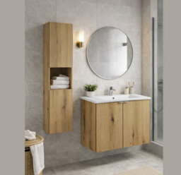Impact Furniture Bathroom Cabinets Furniture Set Wall Hung Slim Floating Storage Tallboy And 600mm Vanity Unit Oak Effect Nova - thumbnail 4