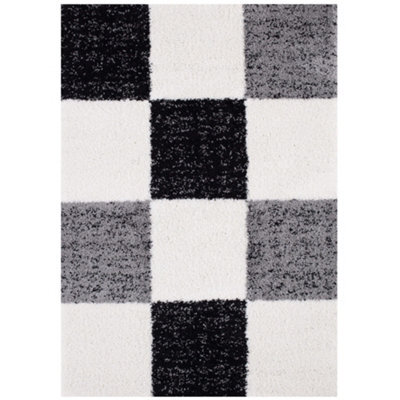 The Rugs Black Grey And Ivory Soft Checkerboard Design Fluffy Shaggy Rugs And Runners High Pile Living Room Kitchen Hallway 381 - image 1