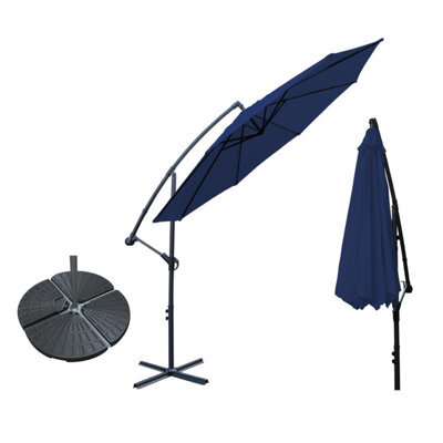 VRUC 3M Blue Cantilever Banana Parasol Umbrella Garden Patio Outdoor Sun Shade With Base Weights - image 1