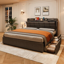 Abrihome 5Ft King Bed Frame With Hydraulic Storage, Linen Upholstered, Headboard Drawers, Charging Station & Led Light, Grey - thumbnail 2