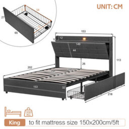 Abrihome 5Ft King Bed Frame With Hydraulic Storage, Linen Upholstered, Headboard Drawers, Charging Station & Led Light, Grey - thumbnail 4