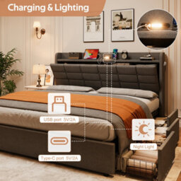 Abrihome 5Ft King Bed Frame With Hydraulic Storage, Linen Upholstered, Headboard Drawers, Charging Station & Led Light, Grey - thumbnail 8