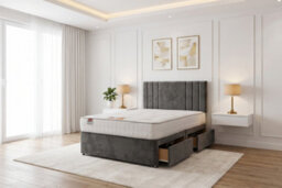 "Knight Sleep Sarah Grey Plush Bed Set With Mattress, 2 Drawers Same Side & 24""headboard, 4Ft - Small Double" - thumbnail 1