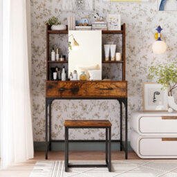 Costway Vanity Desk Wide Makeup Dressing Table With Power Outlets-Brown - thumbnail 9