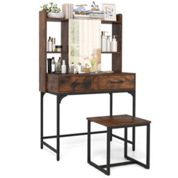 Costway Vanity Desk Wide Makeup Dressing Table With Power Outlets-Brown - thumbnail 1
