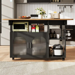 Btm Kitchen Island With Storage Removable Serving Trolley Wood Grain Dining Trolley Black - thumbnail 3