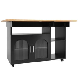 Btm Kitchen Island With Storage Removable Serving Trolley Wood Grain Dining Trolley Black - thumbnail 9