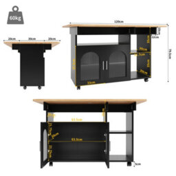 Btm Kitchen Island With Storage Removable Serving Trolley Wood Grain Dining Trolley Black - thumbnail 4