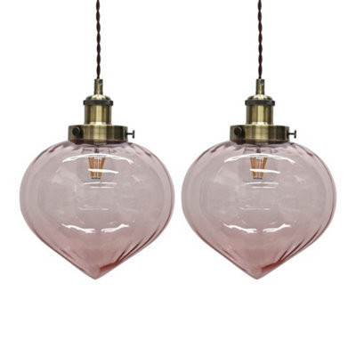 First Choice Lighting Set Of 2 Layla - Pink Glass Easy Fit Pendant Shades Brass Detail - image 1