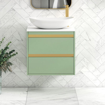 Royal Bathrooms Orion 600mm Mint Sage Wall Hung Plain White Countertop Vanity Unit 2 Drawer With Cesar Basin & Brushed Brass Accent Trim - image 1