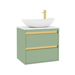 Royal Bathrooms Orion 600mm Mint Sage Wall Hung Plain White Countertop Vanity Unit 2 Drawer With Cesar Basin & Brushed Brass Accent Trim - thumbnail 6