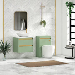 Royal Bathrooms Orion 600mm Mint Sage Wall Hung Plain White Countertop Vanity Unit 2 Drawer With Cesar Basin & Brushed Brass Accent Trim - thumbnail 3