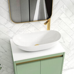 Royal Bathrooms Orion 600mm Mint Sage Wall Hung Plain White Countertop Vanity Unit 2 Drawer With Cesar Basin & Brushed Brass Accent Trim - thumbnail 5