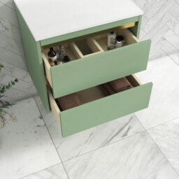 Royal Bathrooms Orion 600mm Mint Sage Wall Hung Plain White Countertop Vanity Unit 2 Drawer With Cesar Basin & Brushed Brass Accent Trim - thumbnail 4