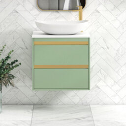 Royal Bathrooms Orion 600mm Mint Sage Wall Hung Plain White Countertop Vanity Unit 2 Drawer With Cesar Basin & Brushed Brass Accent Trim - thumbnail 1