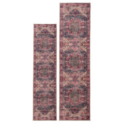 Loomed Traditional Design Cotton Chenille Rug Pink Blue Gold Machine Washable 80Cm X 300Cm - thumbnail 4
