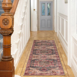 Loomed Traditional Design Cotton Chenille Rug Pink Blue Gold Machine Washable 80Cm X 300Cm - thumbnail 2