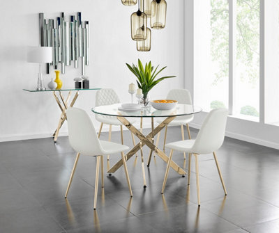 Furniturebox Uk Novara Gold Metal Large Round Dining Table And 4 White Corona Gold Chairs Set - image 1