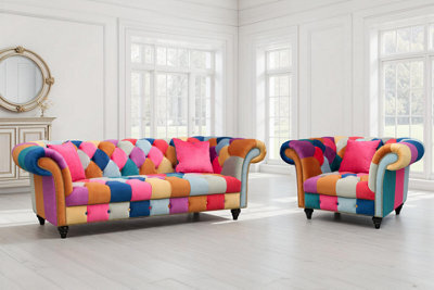Multicoloured Patchwork Velvet  3 + 1 Seater Chesterfield Sofa And Armchair Set For Living Room Portofino - image 1