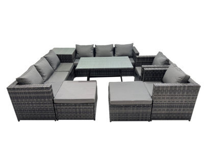 Fimous Outdoor Corner Sofa Chair Dining Table Set Garden Rattan Furniture Set 10 Seater With 2 Big Stools Dark Grey - image 1