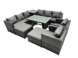 Fimous Outdoor Corner Sofa Chair Dining Table Set Garden Rattan Furniture Set 10 Seater With 2 Big Stools Dark Grey - thumbnail 2