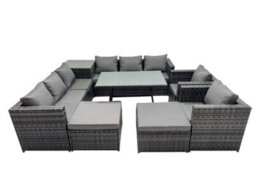 Fimous Outdoor Corner Sofa Chair Dining Table Set Garden Rattan Furniture Set 10 Seater With 2 Big Stools Dark Grey - thumbnail 1