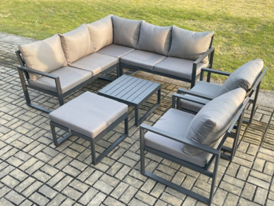 Fimous Outdoor Garden Furniture Set Aluminium Lounge Sofa Sets With 2 Pcs Chair Big Footstool Indoor Conservatory Set Dark Grey - image 1