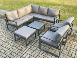 Fimous Outdoor Garden Furniture Set Aluminium Lounge Sofa Sets With 2 Pcs Chair Big Footstool Indoor Conservatory Set Dark Grey