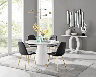 Furniturebox Palma White Marble Effect Round 4-6 Seater Pedestal Dining Table & 4 Black Corona Faux Leather Gold Leg Chairs - image 1
