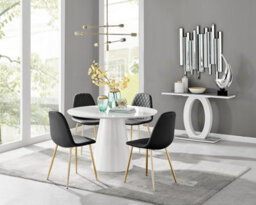 Furniturebox Palma White Marble Effect Round 4-6 Seater Pedestal Dining Table & 4 Black Corona Faux Leather Gold Leg Chairs