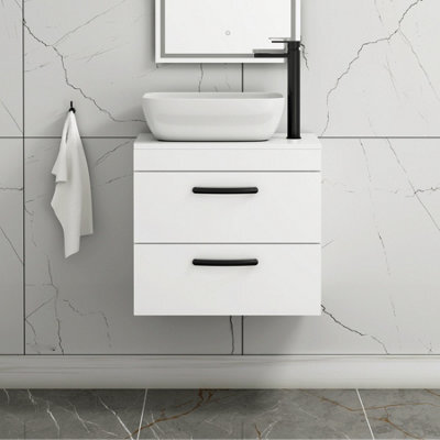 Royal Bathrooms 600mm Wall Hung Vanity Unit 2 Drawer Gloss White & Elva Countertop Basin With Matt Black Handle - image 1