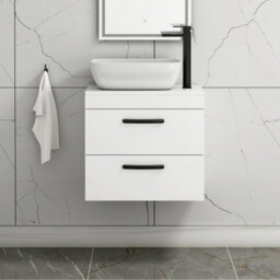 Royal Bathrooms 600mm Wall Hung Vanity Unit 2 Drawer Gloss White & Elva Countertop Basin With Matt Black Handle - thumbnail 1