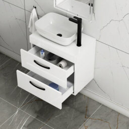 Royal Bathrooms 600mm Wall Hung Vanity Unit 2 Drawer Gloss White & Elva Countertop Basin With Matt Black Handle - thumbnail 3