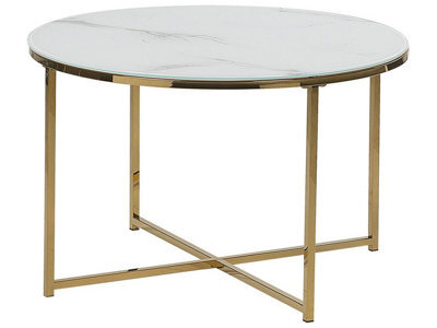 Beliani Round Marble-Effect Coffee Table, White-Gold Base, 70 Cm - - image 1