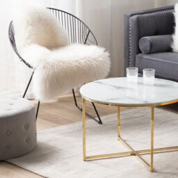 Beliani Round Marble-Effect Coffee Table, White-Gold Base, 70 Cm - - thumbnail 2