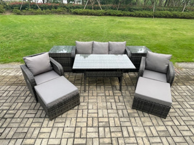 Fimous Rattan Outdoor Garden Furniture Set Rectangular Dining Table And Chair Sofa Set With 2 Side Tables 2 Big Footstool - image 1