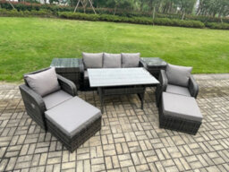 Fimous Rattan Outdoor Garden Furniture Set Rectangular Dining Table And Chair Sofa Set With 2 Side Tables 2 Big Footstool - thumbnail 2
