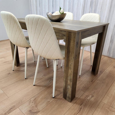 Kosy Koala Rustic Effect Wooden Dining Table And 4 Cream Gem Pattern Chairs - Dining Furniture Set - image 1