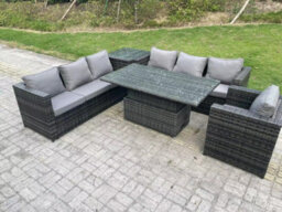 Fimous 7 Seater Wicker Garden Furniture Rattan Sofa Set Outdoor Adjustable Rising Lifting Dining Table Set Armchair - thumbnail 1