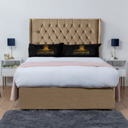 UKBEDFURNITURE Mary Beige Plush Wingback Divan Bed Base With 54 Inch Headboard - No Storage - thumbnail 1