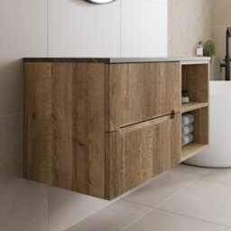 Affine 1000mm Bathroom Vanity Unit Grey Marble Countertop Wall Hung Fluted Oak Unit - thumbnail 2