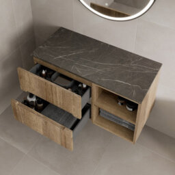Affine 1000mm Bathroom Vanity Unit Grey Marble Countertop Wall Hung Fluted Oak Unit - thumbnail 3
