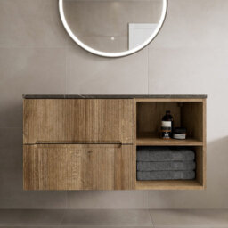 Aveli 1000mm Bathroom Vanity Unit Grey Marble Countertop Wall Hung Fluted Oak Unit