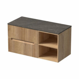 Affine 1000mm Bathroom Vanity Unit Grey Marble Countertop Wall Hung Fluted Oak Unit - thumbnail 4